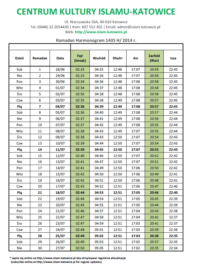 Ramadan Harmonogram 1435 H/ 2014 r.