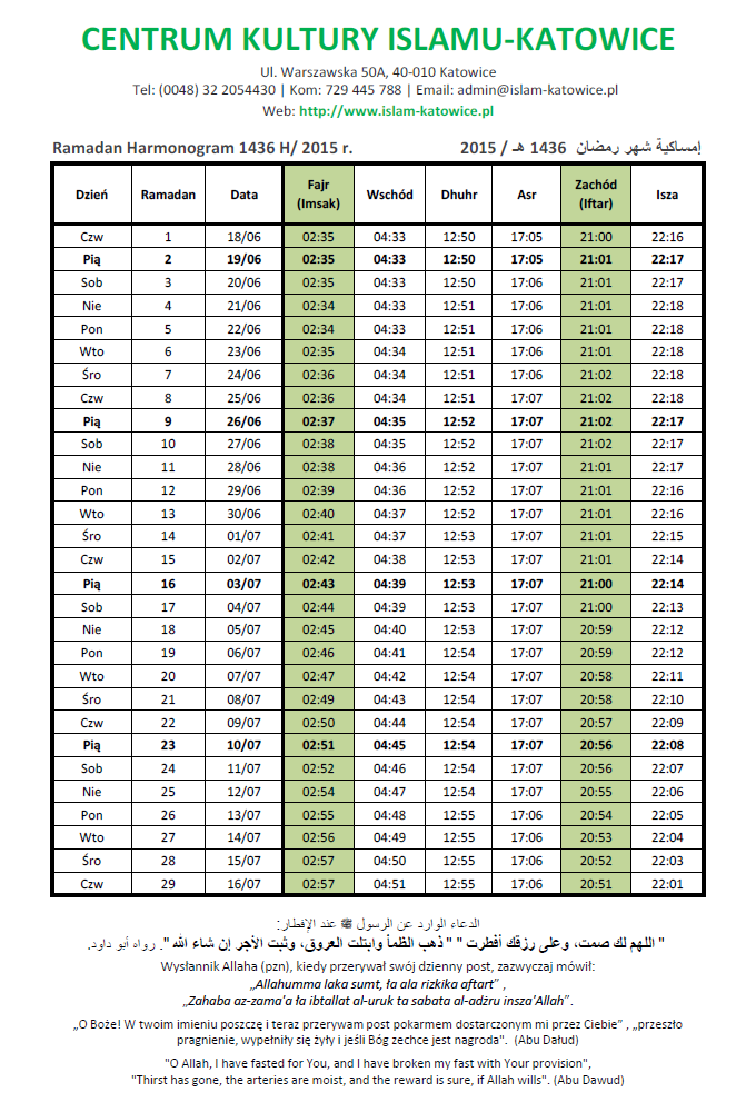 Ramadan Harmonogram 1436 H / 2015 r.