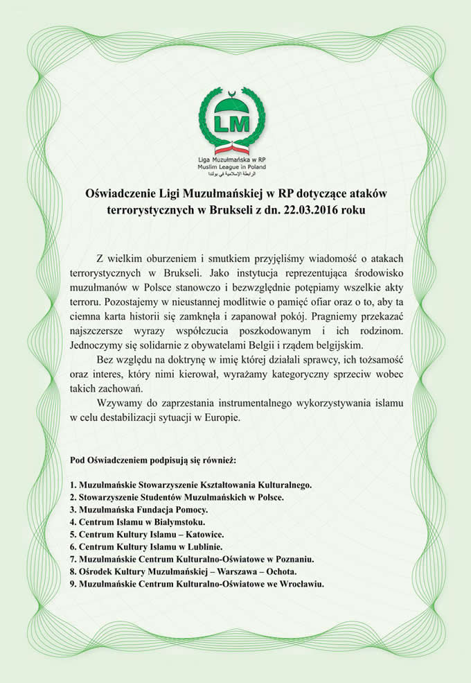 Oświadczenie Ligi Muzułmańskiej w RP dotyczące ataków terrorystycznych w Brukseli z dn. 22.03.2016 roku