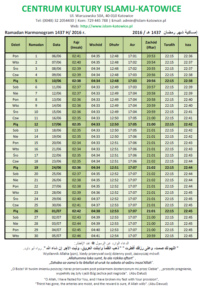 Ramadan Harmonogram 1437 H / 2016 r.