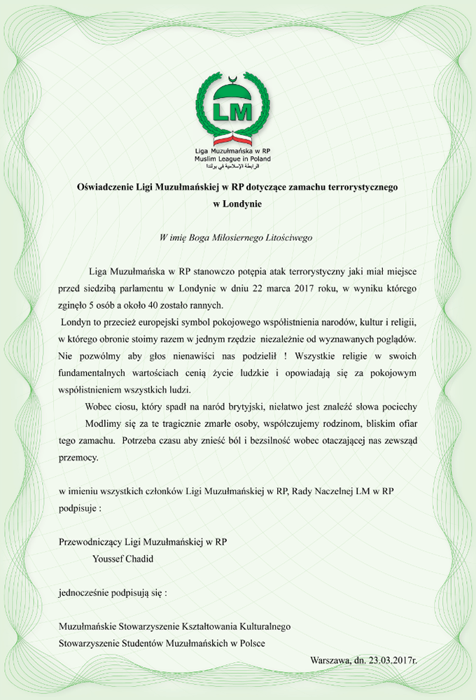 Oswiadczenie Ligi Muzulmanskiej w RP dotyczace zamachu terrorystycznego w Londynie