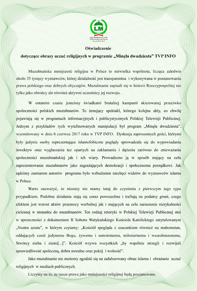Oświadczenie dotyczące obrazy uczuć religijnych w programie "Minęła dwudziesta" TVP INFO