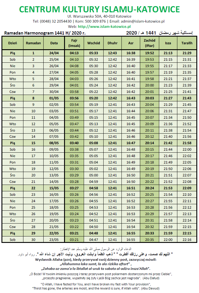 Ramadan Harmonogram 1441 H / 2020 r.