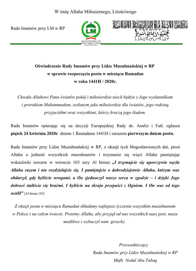 Informacja Odnośnie Ramadanu 1441 H / 2020r.
