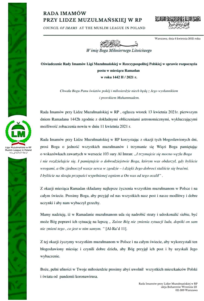Informacja Odnośnie Ramadanu 1442 H / 2021r.