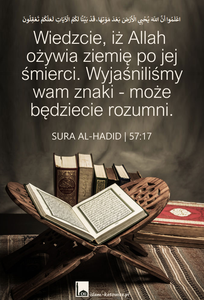 Wiedzcie, iż Bóg ożywia ziemię po jej śmierci. Wyjaśniliśmy wam znaki - może będziecie rozumni. (57:17)