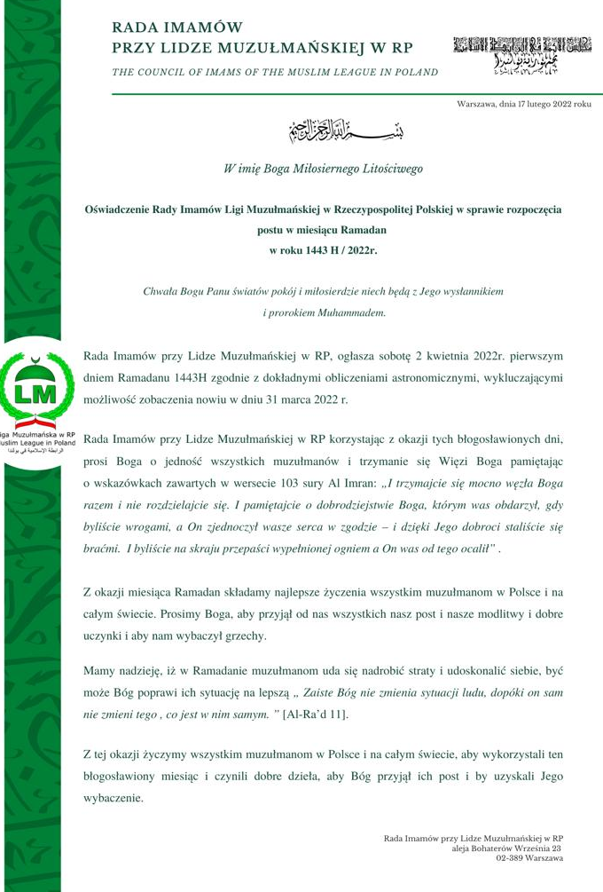 Informacja Odnośnie Ramadanu 1443 H / 2022r.
