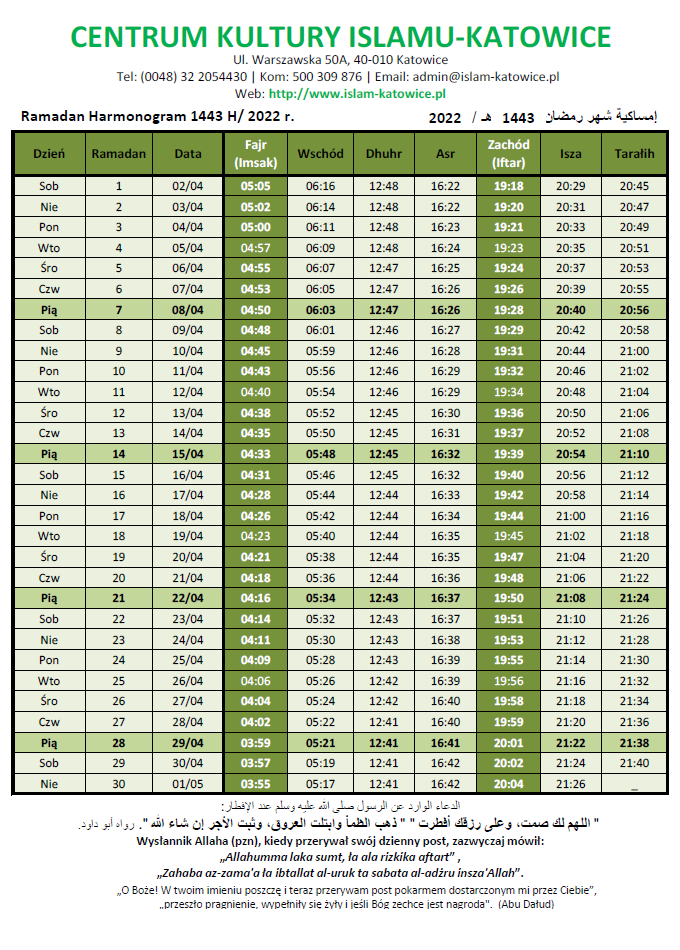 Ramadan Harmonogram 1443 H / 2022 r.