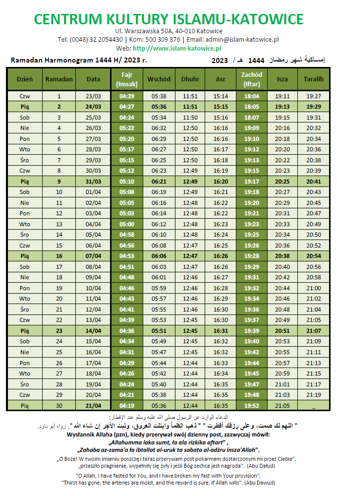 Ramadan Harmonogram 1444 H / 2023 r.