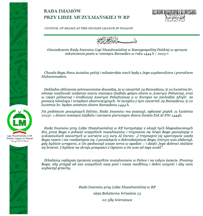 Oświadczenie Rady Imamów Ligi Muzułmańskiej w Rzeczpospolitej Polskiej w sprawie Eid-Al-Fitr 1444 H / 2023 r.