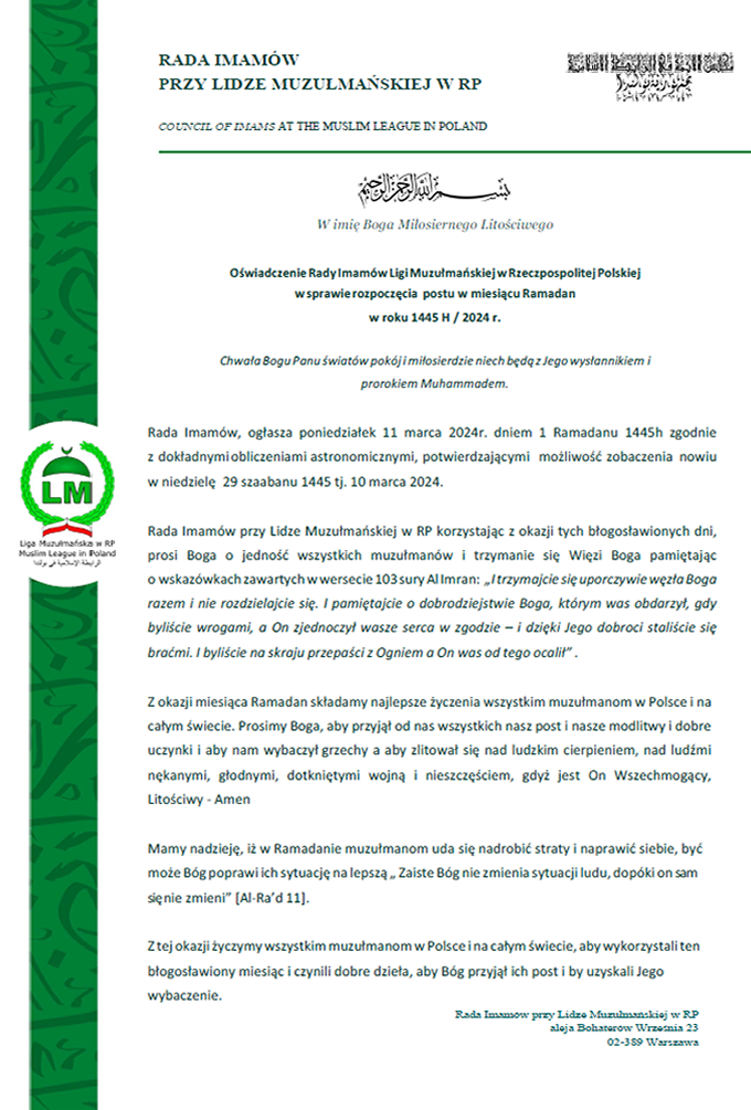 Informacja Odnośnie Ramadanu 1445 H / 2024r.