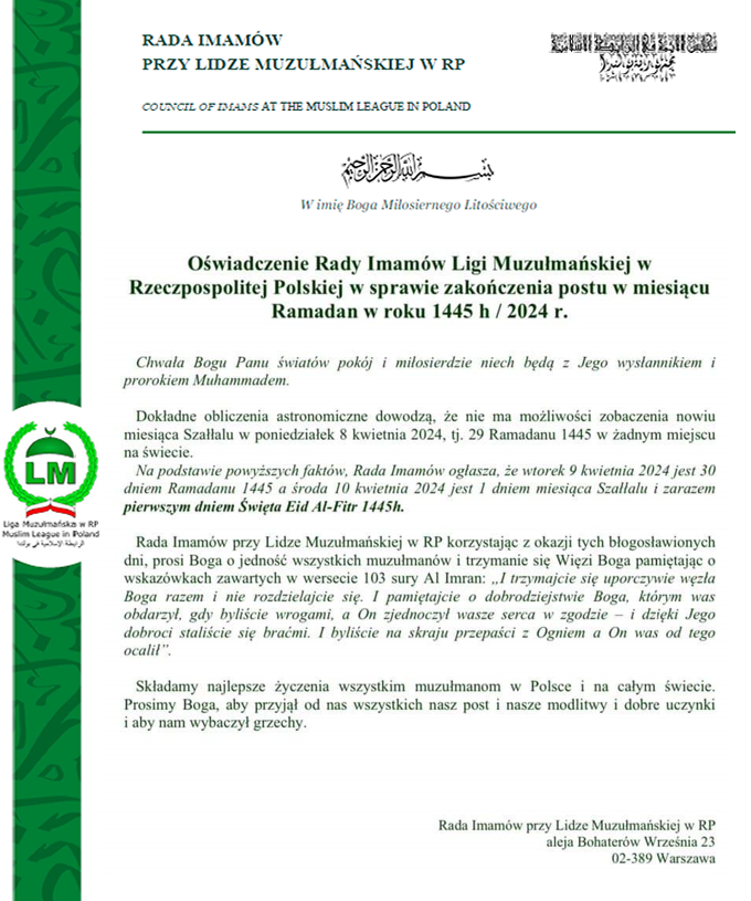 Oświadczenie Rady Imamów Ligi Muzułmańskiej w Rzeczpospolitej Polskiej w sprawie Eid-Al-Fitr 1445 H / 2024 r.